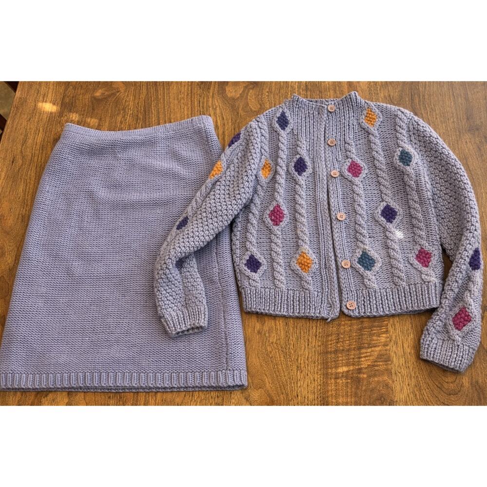 Adrienne‎ Vittadini Vintage Wool Sweater Skirt Set Light Purple Cable Knit M